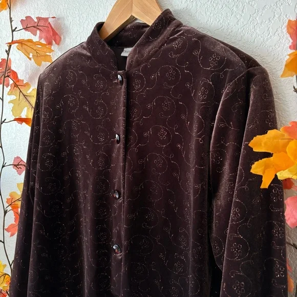 Draper’s & Damon's Vintage Brown Velvet Floral Glitter Button Down Shirt Size S - Picture 9 of 11